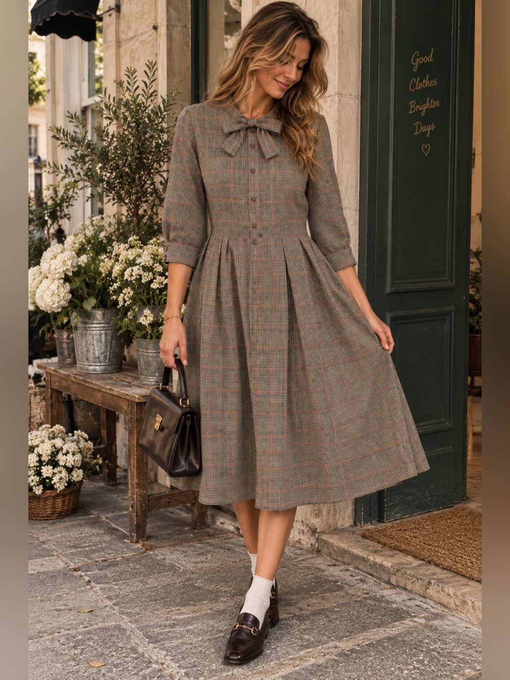 Anthropologie Gal Meets Glam Collection Plaid Bow Neck Midi Dress